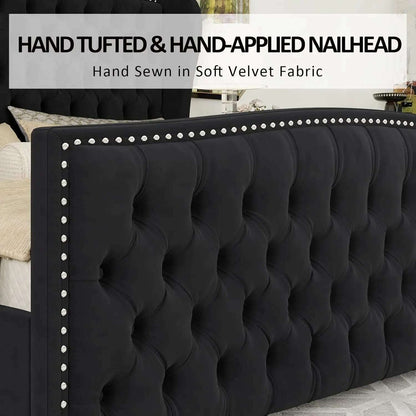 California King Size Platform Bed Frame, Velvet Upholstered Bed with Deep Button Tufted & Nailhead Trim Wingback Headboard,Black