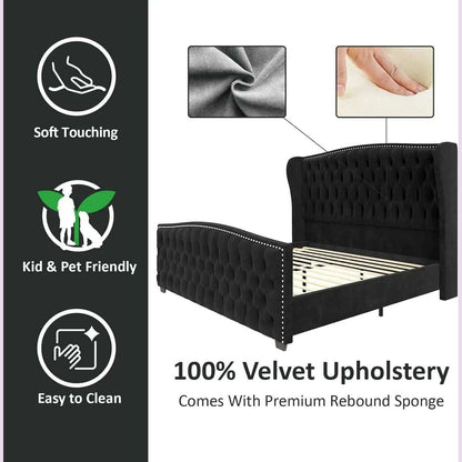 California King Size Platform Bed Frame, Velvet Upholstered Bed with Deep Button Tufted & Nailhead Trim Wingback Headboard,Black