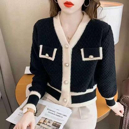 Cardigan Sweater Women's 2024 Spring and Autumn New Style Small Fragrant V-neck Coat Short Western-style Bottom Shirt Top