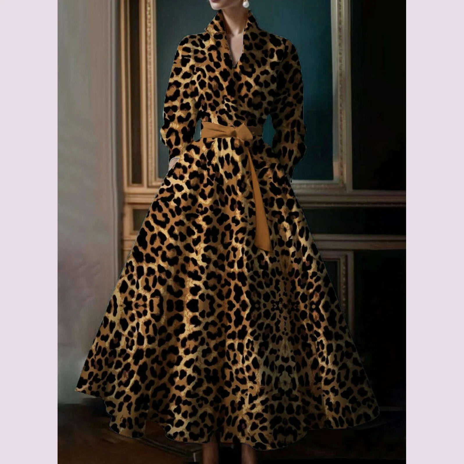 Casual Commuter Retro Boho Leopard Pattern Women's Big Size Dress New High Street Standing Collar Loose Big Swing Shirt Dresses