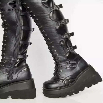 Casual High Sock Boots Women's Slope Sided Belt Leather Buckle Knee Length Stockings Winter Season Overstock