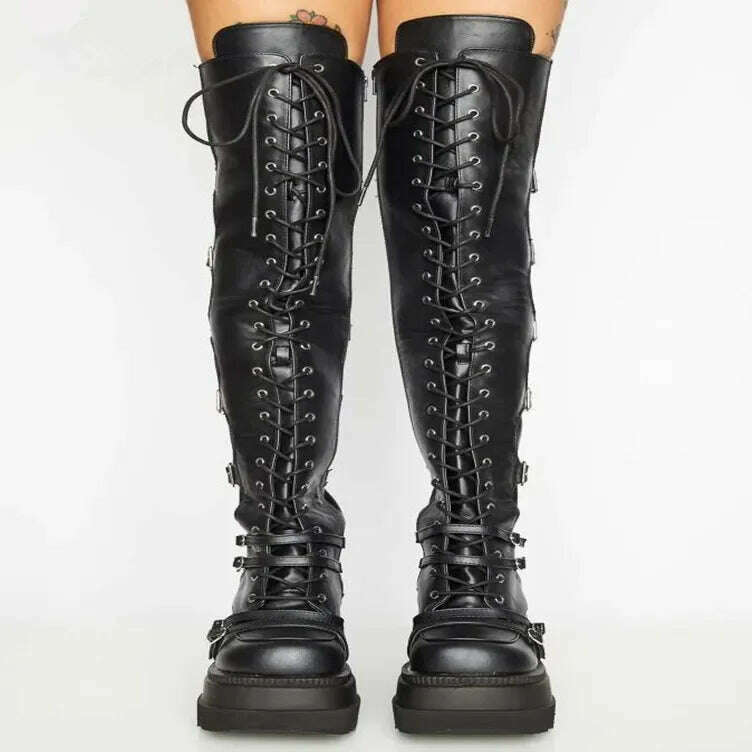 Casual High Sock Boots Women's Slope Sided Belt Leather Buckle Knee Length Stockings Winter Season Overstock