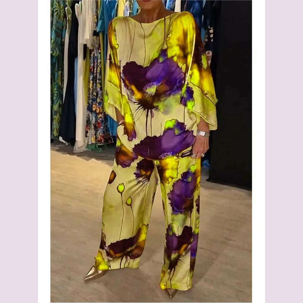 Casual Sets for Women 2 pieces Summer Fashion Printed Satin Two Piece Sets Women Sexy Round Neck Top+Wide Leg Long Pants Outfits