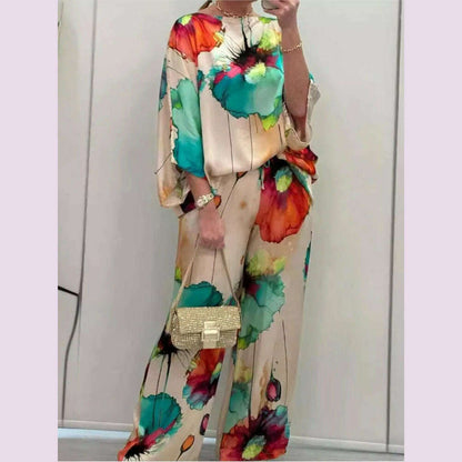 Casual Sets for Women 2 pieces Summer Fashion Printed Satin Two Piece Sets Women Sexy Round Neck Top+Wide Leg Long Pants Outfits