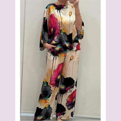 Casual Sets for Women 2 pieces Summer Fashion Printed Satin Two Piece Sets Women Sexy Round Neck Top+Wide Leg Long Pants Outfits