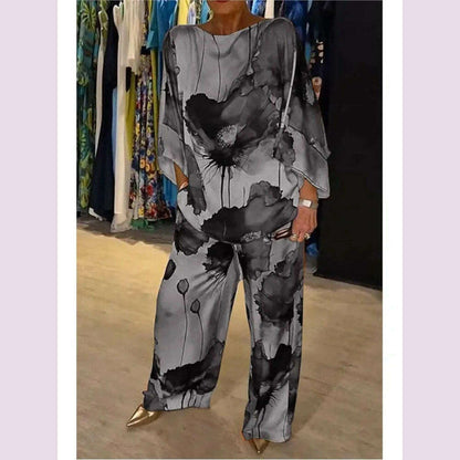 Casual Sets for Women 2 pieces Summer Fashion Printed Satin Two Piece Sets Women Sexy Round Neck Top+Wide Leg Long Pants Outfits