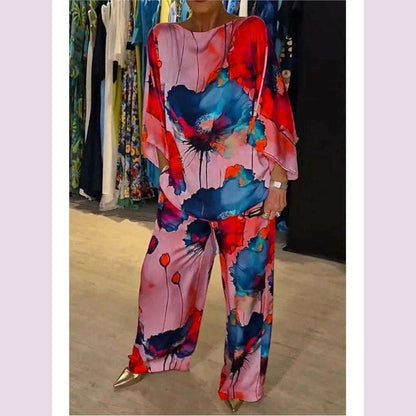 Casual Sets for Women 2 pieces Summer Fashion Printed Satin Two Piece Sets Women Sexy Round Neck Top+Wide Leg Long Pants Outfits