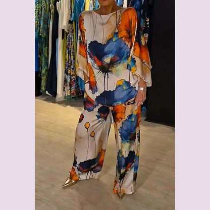 Casual Sets for Women 2 pieces Summer Fashion Printed Satin Two Piece Sets Women Sexy Round Neck Top+Wide Leg Long Pants Outfits