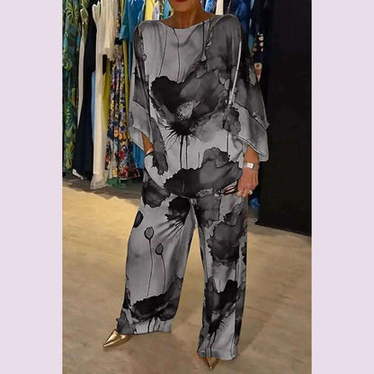 Casual Sets for Women 2 pieces Summer Fashion Printed Satin Two Piece Sets Women Sexy Round Neck Top+Wide Leg Long Pants Outfits