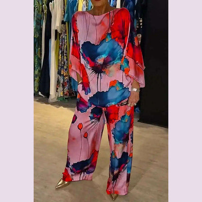 Casual Sets for Women 2 pieces Summer Fashion Printed Satin Two Piece Sets Women Sexy Round Neck Top+Wide Leg Long Pants Outfits