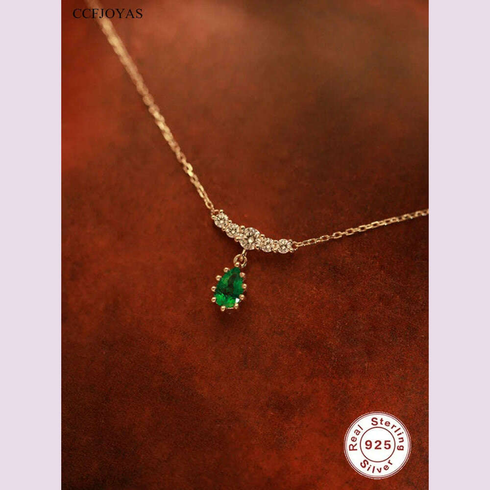 CCFJOYAS 925 Sterling Silver Emerald Water Drop shaped Pendant Necklace for Women Retro Light Luxury Clavicle Chain Best Gift