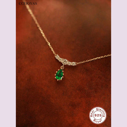 CCFJOYAS 925 Sterling Silver Emerald Water Drop shaped Pendant Necklace for Women Retro Light Luxury Clavicle Chain Best Gift