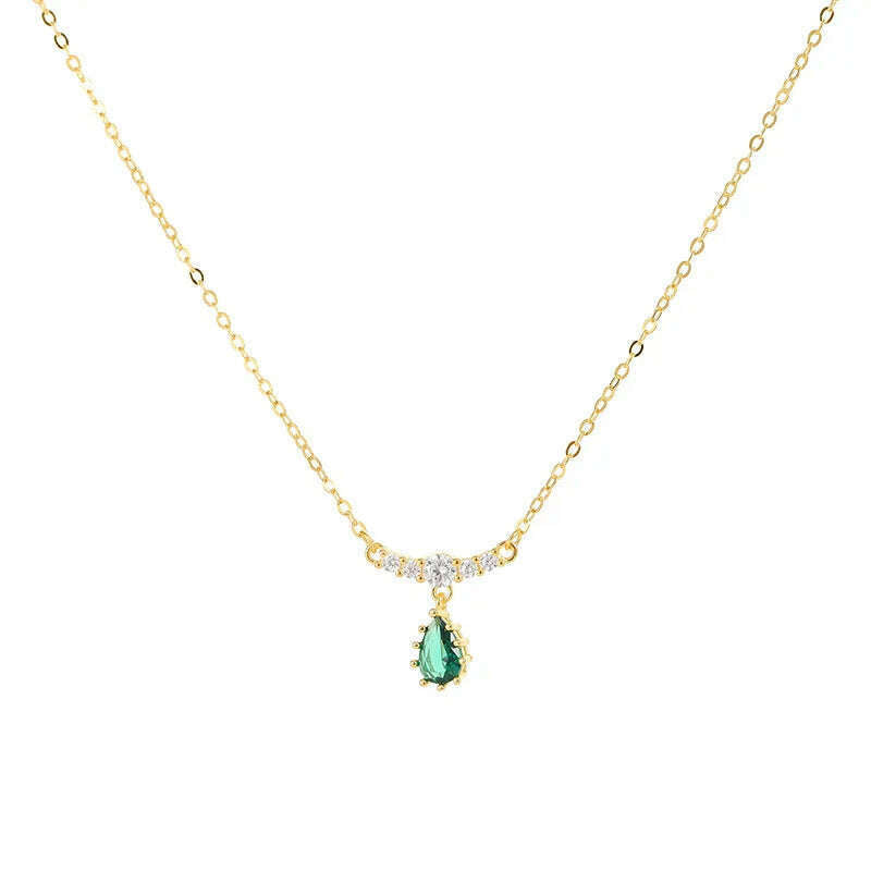 CCFJOYAS 925 Sterling Silver Emerald Water Drop shaped Pendant Necklace for Women Retro Light Luxury Clavicle Chain Best Gift