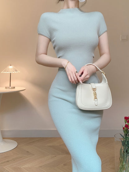 Solid Split Knitted Bodycon Dress, Sexy Short Sleeve Midi Bodycon Dress For Spring & Summer, Women's Clothing