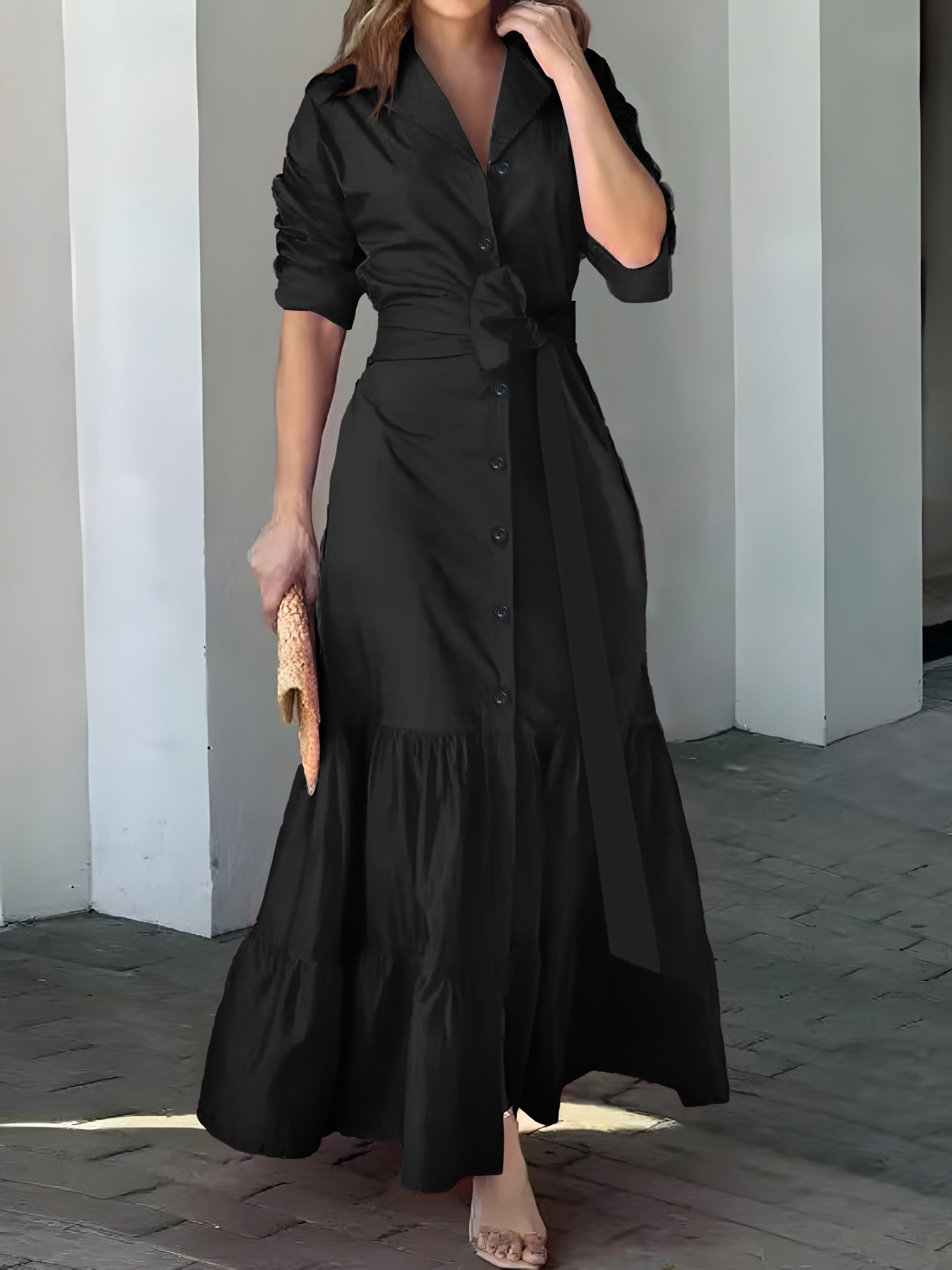 Stunning Ruffled Maxi Dress - Solid Button Front, Belted Waist, Elegant Ruched Sleeve, Flowy Design, Women's Clothing for Special Occasions