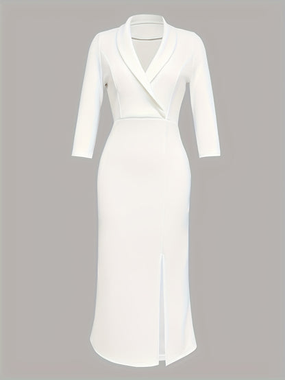 Elegant Women'S Bodycon Dress - Long Sleeve V-Neck with Belt, High-Low Hem, Stretchy Polyester Blend, Solid Color, Perfect for All Seasons, Versatile Fashion | Belted Waist Dress | Glossy Texture