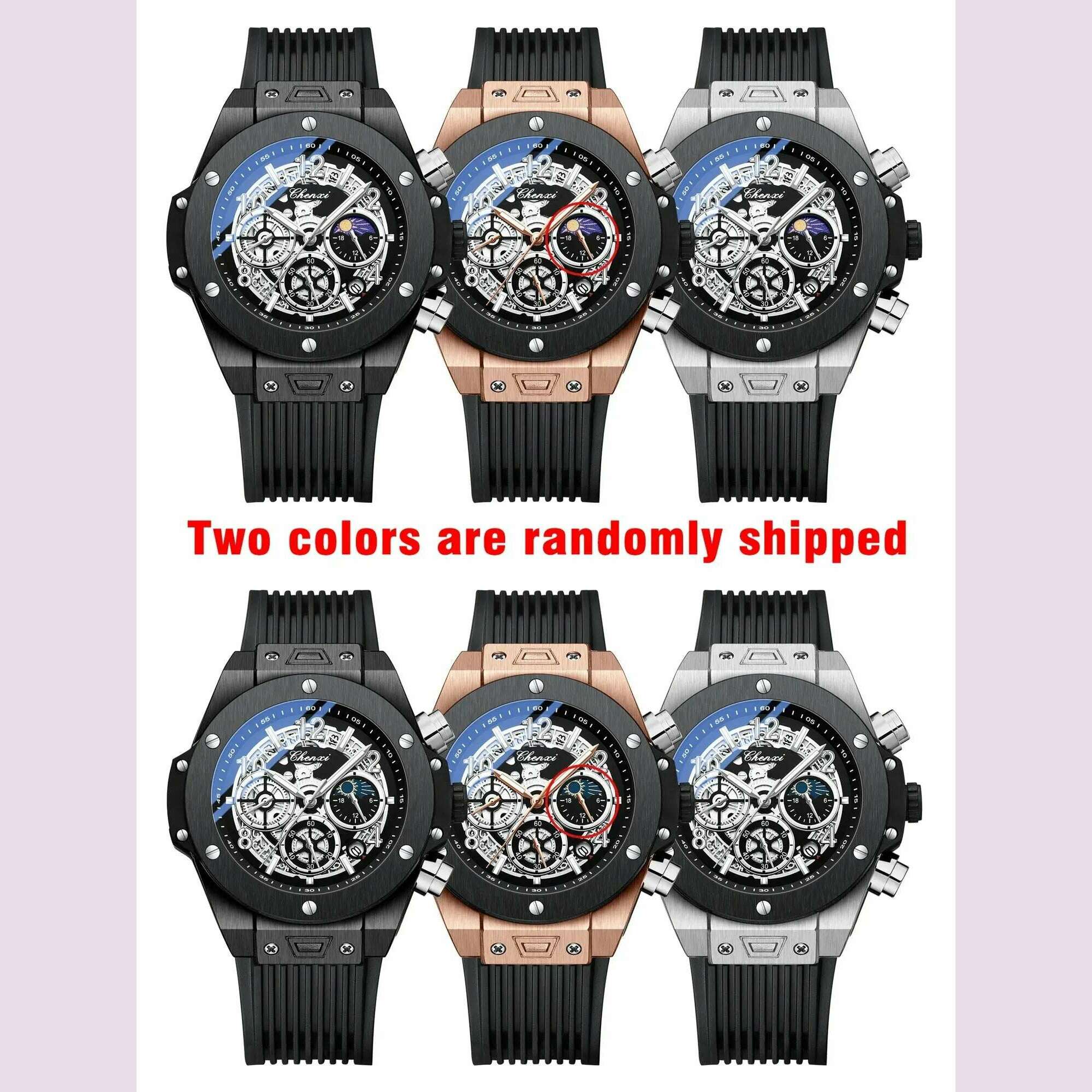 CHENXI Fashion Silicone Chronograph Watch Men Multifunctional Cool Luminous Quartz Starry Lunar Phases Timing Sport Wristwatches