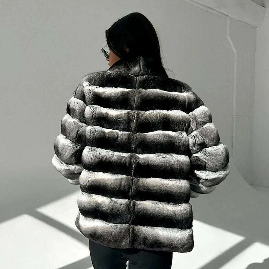 Chinchilla Fur Coats Real Rex Rabbit Fur Jacket With Stand Collar Short Fur Coat Women Warm Winter Outerwear