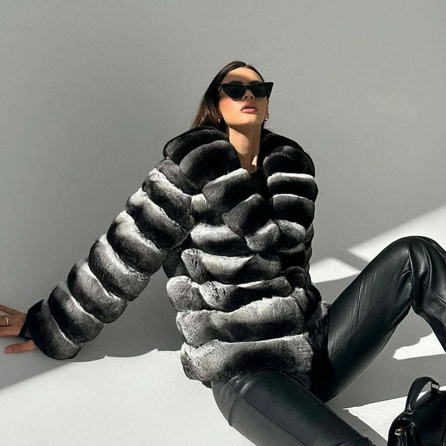 Chinchilla Fur Coats Real Rex Rabbit Fur Jacket With Stand Collar Short Fur Coat Women Warm Winter Outerwear
