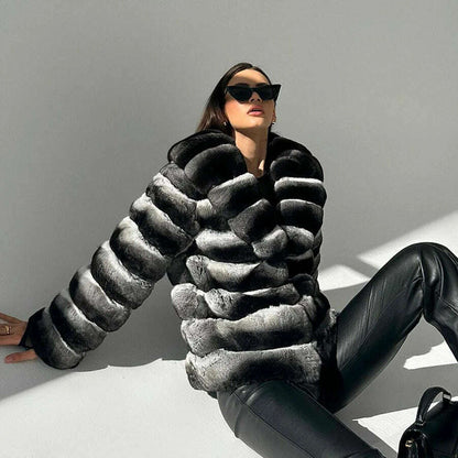 Chinchilla Fur Coats Real Rex Rabbit Fur Jacket With Stand Collar Short Fur Coat Women Warm Winter Outerwear