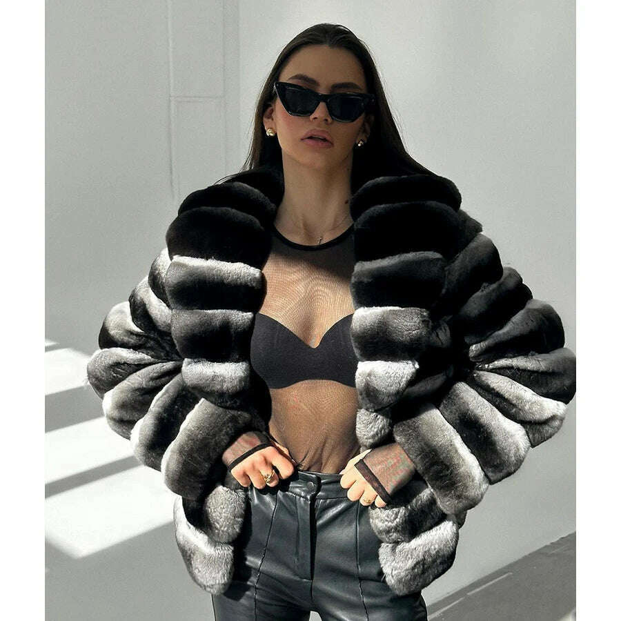 Chinchilla Fur Coats Real Rex Rabbit Fur Jacket With Stand Collar Short Fur Coat Women Warm Winter Outerwear