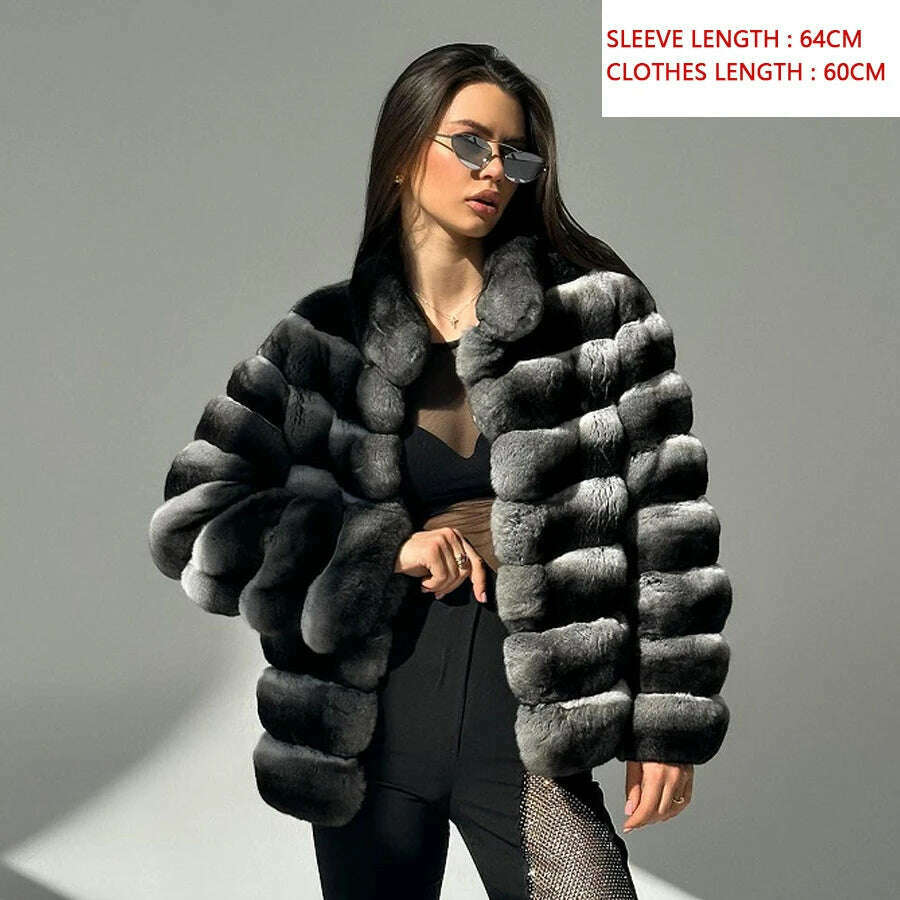 Chinchilla Fur Coats Real Rex Rabbit Fur Jacket With Stand Collar Short Fur Coat Women Warm Winter Outerwear