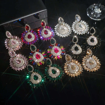 Classic luxury colored glass rhinestone sunflower earrings design sense of fashion personality temperament versatile earrings