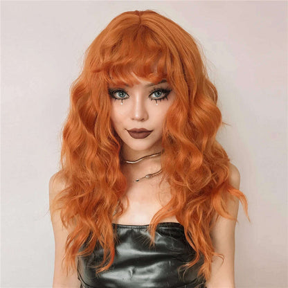 Cosplay Ginger Orange Long Curly Synthetic Wigs with Bangs Deep Wave Lolita Hair for Women Halloween Party Daily Heat Resistant