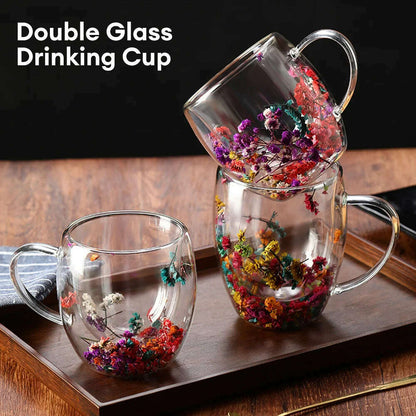 Creative Double Wall Glass Cup Dried Flower Filler Glass Cups  Tea Coffee Cups Gifts High Borosilicate Glass Cups with Handles