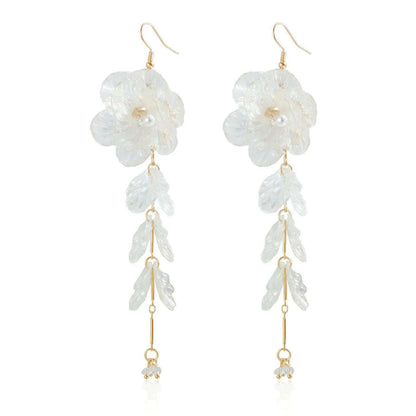 Creative Punk Torques Tassels Chain Necklace Women Elegant White Shell Flower Hanging Drop Earrings Wed Bridal Jewelry Set
