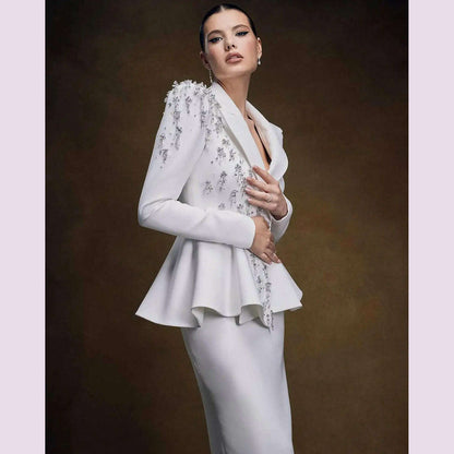 Crystal Beaded Women Suit Set Blazer And Skirts Formal Office Business Lady Prom Dress Jacket Coat Custom Size