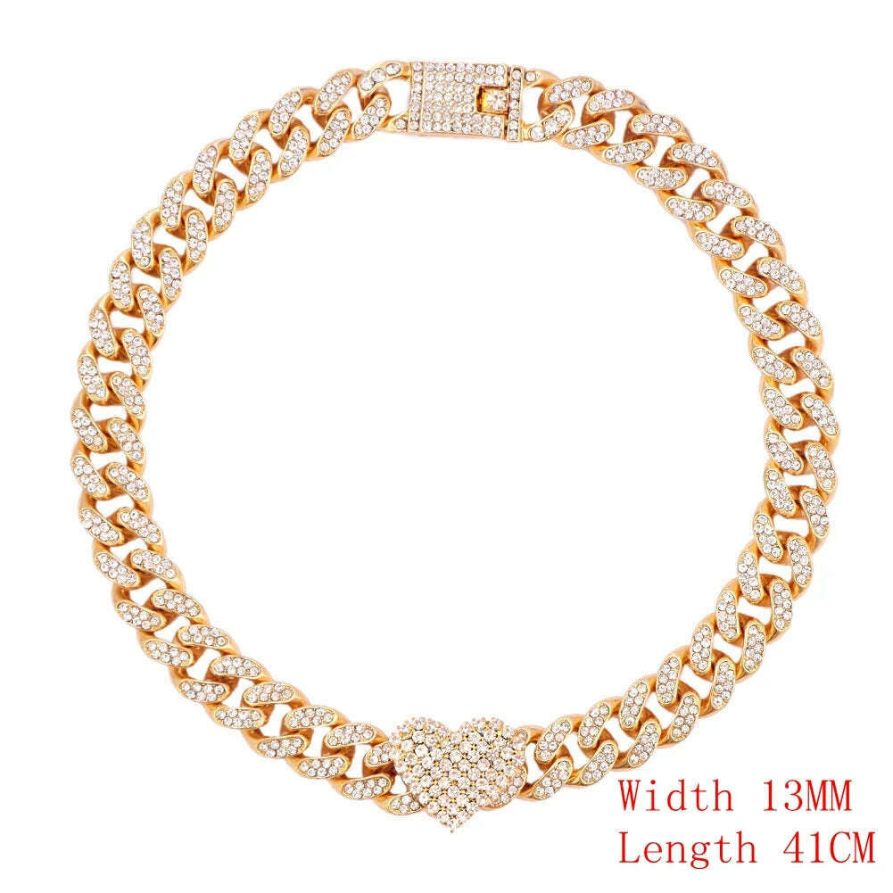 Crystal Heart Cuban Link Chain Necklace for Women 15mm Bling Full Rhinestones Paved Heart Tennis Chain Necklace Hip Hop Jewelry