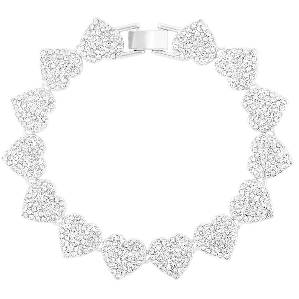 Crystal Heart Cuban Link Chain Necklace for Women 15mm Bling Full Rhinestones Paved Heart Tennis Chain Necklace Hip Hop Jewelry