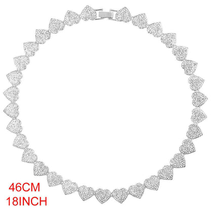 Crystal Heart Cuban Link Chain Necklace for Women 15mm Bling Full Rhinestones Paved Heart Tennis Chain Necklace Hip Hop Jewelry
