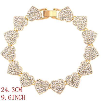 Crystal Heart Cuban Link Chain Necklace for Women 15mm Bling Full Rhinestones Paved Heart Tennis Chain Necklace Hip Hop Jewelry