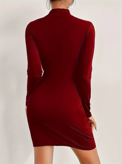 [Burgundy Bodycon Dress] Stretchy Polyester-Spandex Blend Women's Burgundy High-Neck Bodycon Dress | Keyhole Cutouts, Machine Washable, Elegant Party & Casual Dress for All Seasons