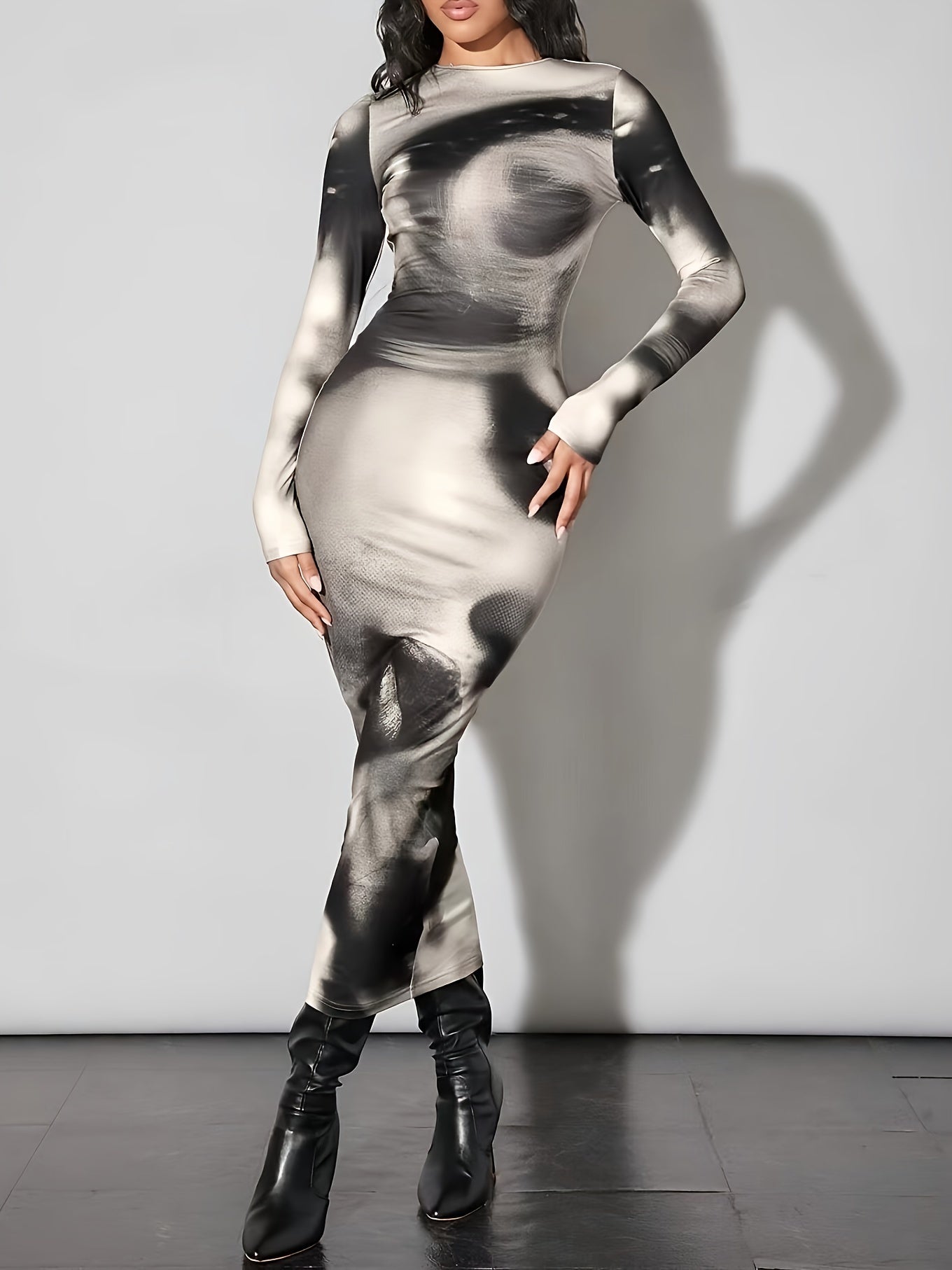 Vibrant Tie Dye Crew Neck Slim Fit Bodycon Dress - Elegant Long Sleeve, Comfy Stretchy Fabric, Spring & Fall Essential, Women's Fashion Clothing for Chic Ladies