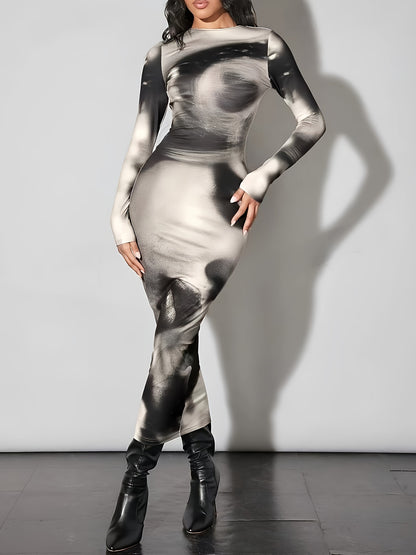 Vibrant Tie Dye Crew Neck Slim Fit Bodycon Dress - Elegant Long Sleeve, Comfy Stretchy Fabric, Spring & Fall Essential, Women's Fashion Clothing for Chic Ladies