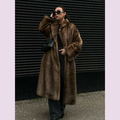 Dark Brown Faux Fur Long Overcoat For Women Fashion Lapel Single Breasted Loose Fluffy Plush Warm Coat Winter Thicken Outerwear