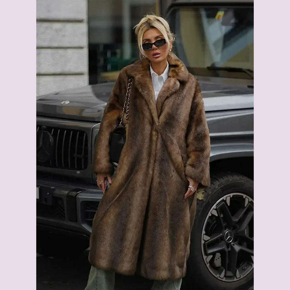 Dark Brown Faux Fur Long Overcoat For Women Fashion Lapel Single Breasted Loose Fluffy Plush Warm Coat Winter Thicken Outerwear
