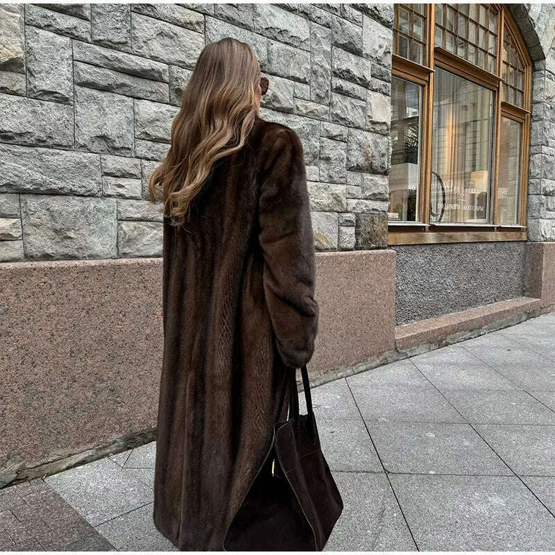 Dark Brown Faux Fur Long Overcoat For Women Fashion Lapel Single Breasted Loose Fluffy Plush Warm Coat Winter Thicken Outerwear