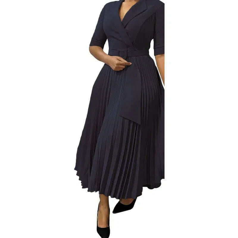 Dashiki African Dresses for Women Autumn Elegant Half Sleeve V-neck Polyester Pleat Long Dress Ankara Dresses African Clothes