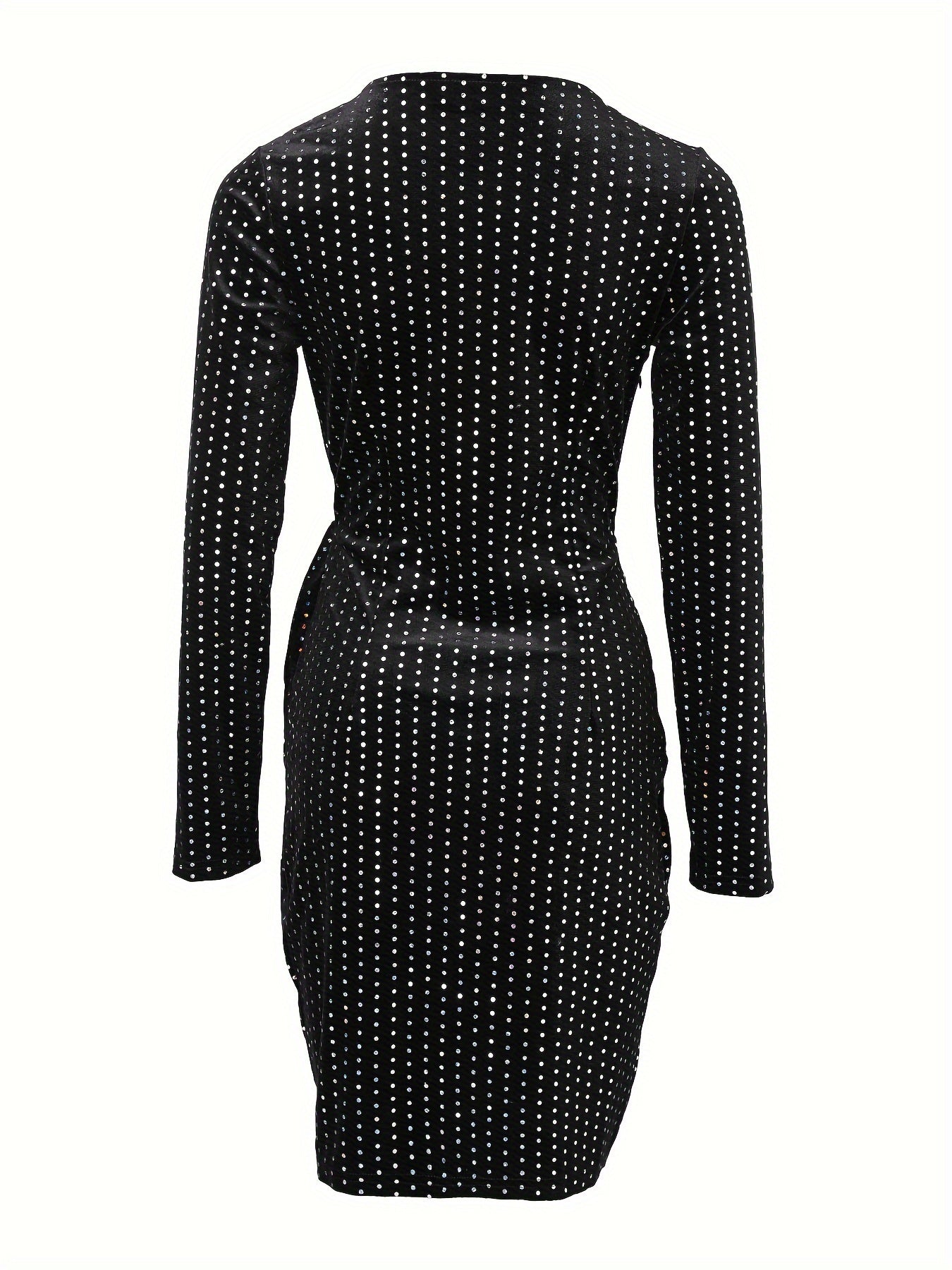 1pc Chic V-Neck Sequin Bodycon Dress, Polyester Knit Fabric with Contrast Sequin Detail, Fall/Winter Solid Color Adult Dress