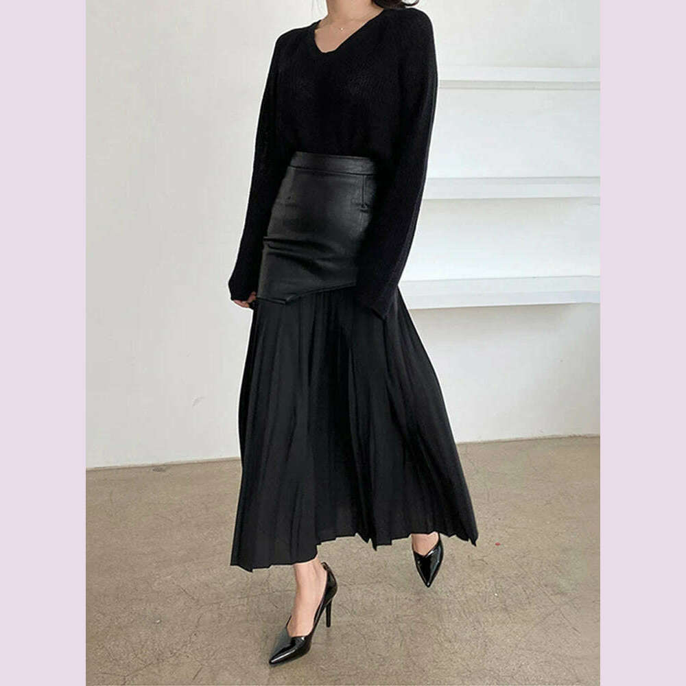 DEAT 2024 White Long Autumn Leather Patchwork A-line Wrap Hip Temperament New Fashion Women's Pleated Skirt 7Z206