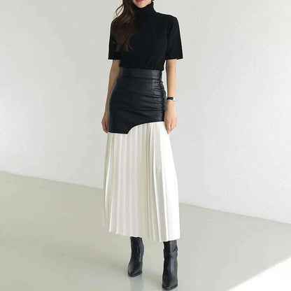 DEAT 2024 White Long Autumn Leather Patchwork A-line Wrap Hip Temperament New Fashion Women's Pleated Skirt 7Z206