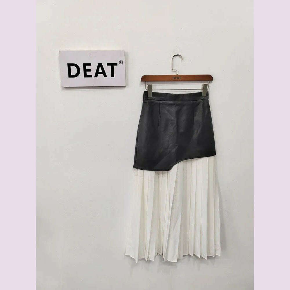 DEAT 2024 White Long Autumn Leather Patchwork A-line Wrap Hip Temperament New Fashion Women's Pleated Skirt 7Z206