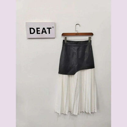 DEAT 2024 White Long Autumn Leather Patchwork A-line Wrap Hip Temperament New Fashion Women's Pleated Skirt 7Z206