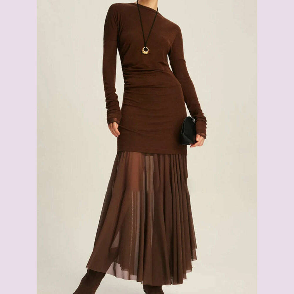 DEAT Elegant Dress O-neck Long Sleeve Elastic Gauze Patchwork Pleated Women's Evening Party Dresses 2024 Autumn New Tide 35Z1131