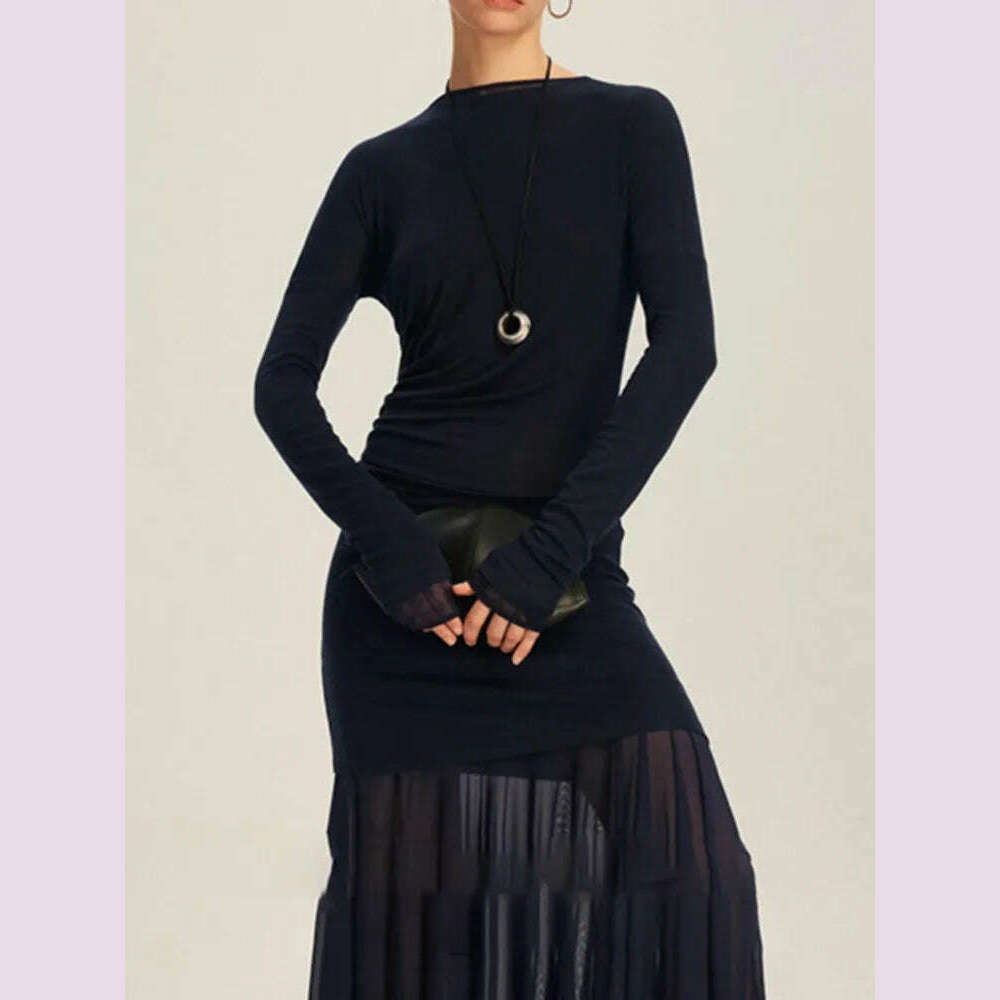 DEAT Elegant Dress O-neck Long Sleeve Elastic Gauze Patchwork Pleated Women's Evening Party Dresses 2024 Autumn New Tide 35Z1131