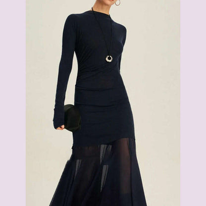 DEAT Elegant Dress O-neck Long Sleeve Elastic Gauze Patchwork Pleated Women's Evening Party Dresses 2024 Autumn New Tide 35Z1131